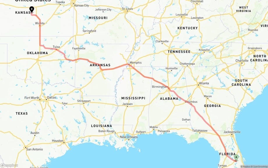 Orlando International Airport to Kansas freight shipping route map