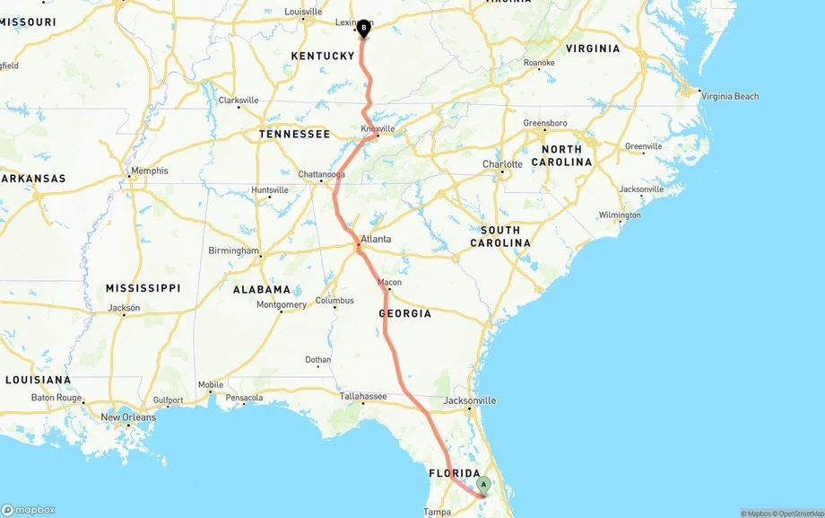 Orlando International Airport to Kentucky freight shipping route map