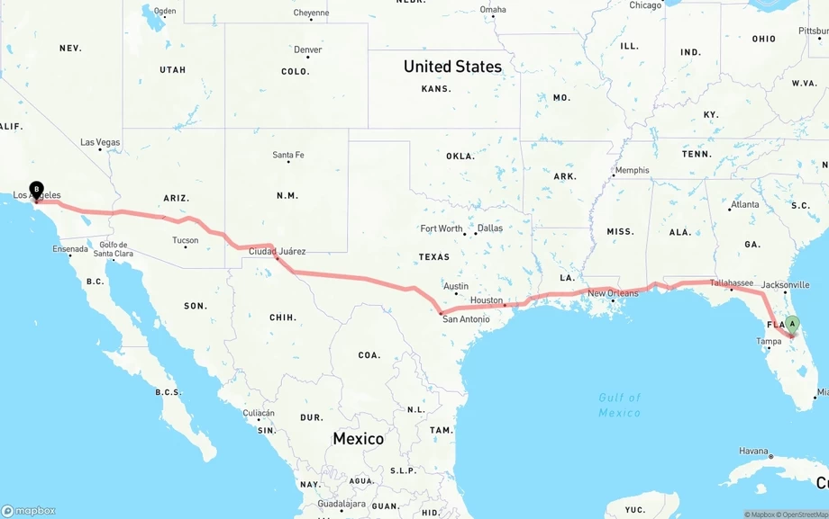 Orlando International Airport to Los Angeles freight shipping route map