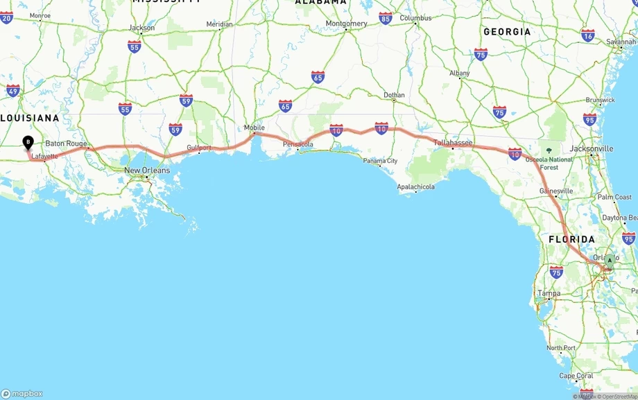 Orlando International Airport to Louisiana freight shipping route map