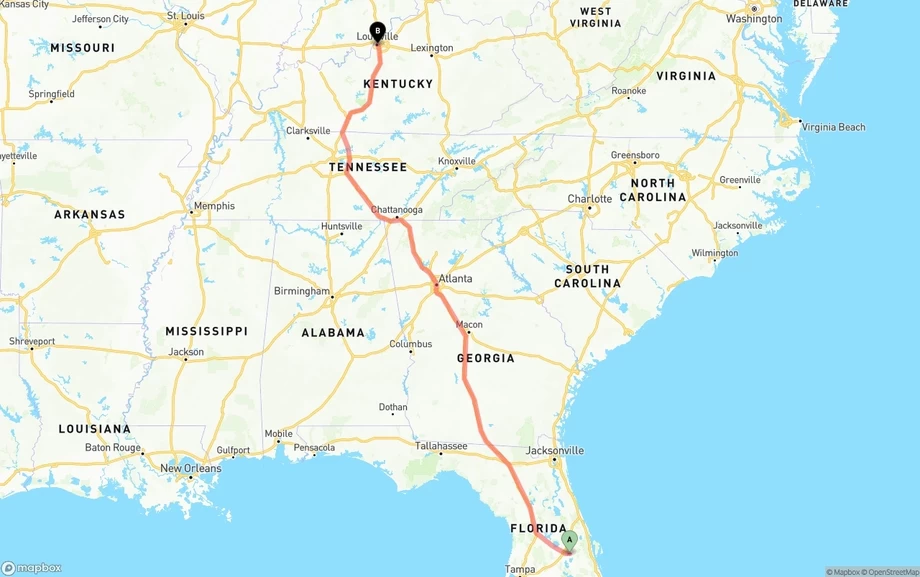 Orlando International Airport to Louisville freight shipping route map