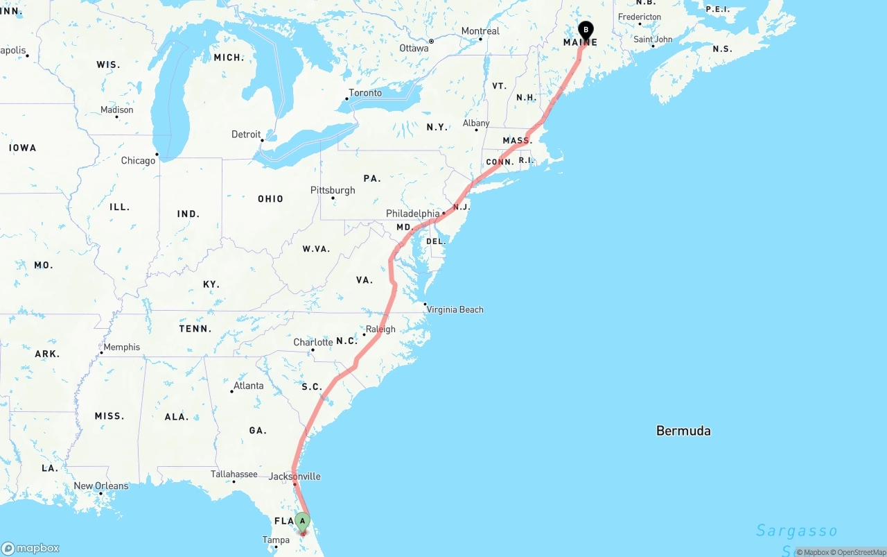 Shipping route from Orlando International Airport to Maine