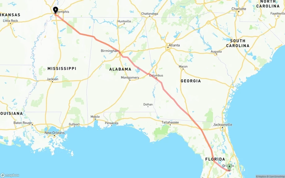 Orlando International Airport to Memphis freight shipping route map