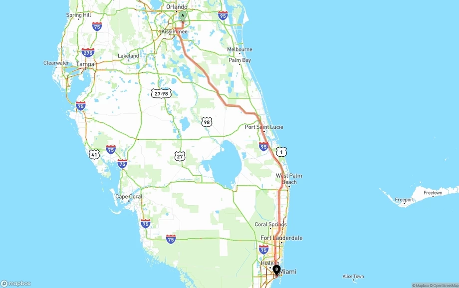 Orlando International Airport to Miami freight shipping route map