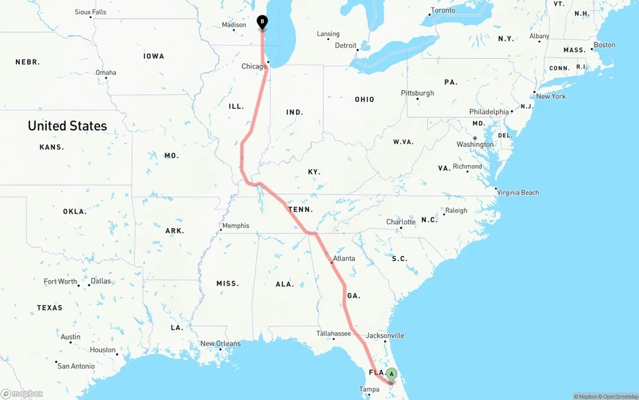 Orlando International Airport to Milwaukee freight shipping route map