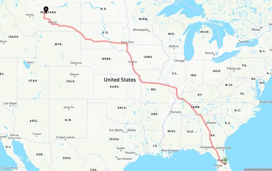 Orlando International Airport to Montana freight shipping route map