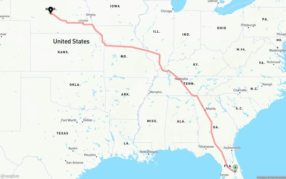 Orlando International Airport to Nebraska freight shipping route map
