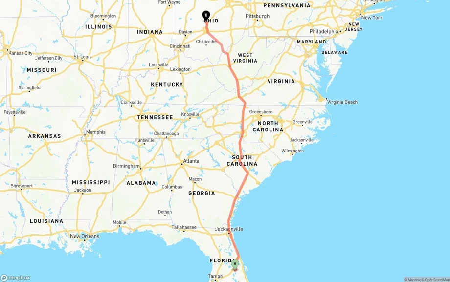 Orlando International Airport to Ohio freight shipping route map