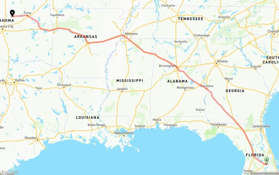 Orlando International Airport to Oklahoma freight shipping route map