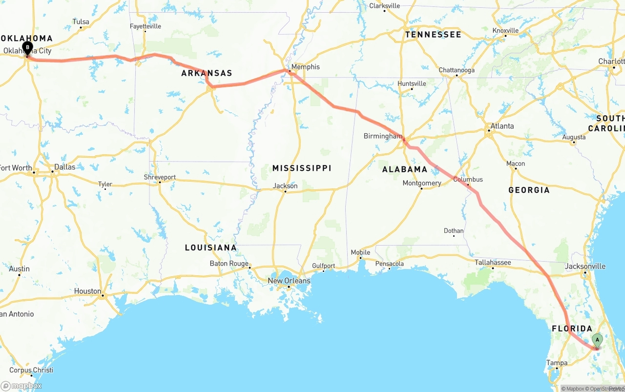 Shipping route from Orlando International Airport to Oklahoma City
