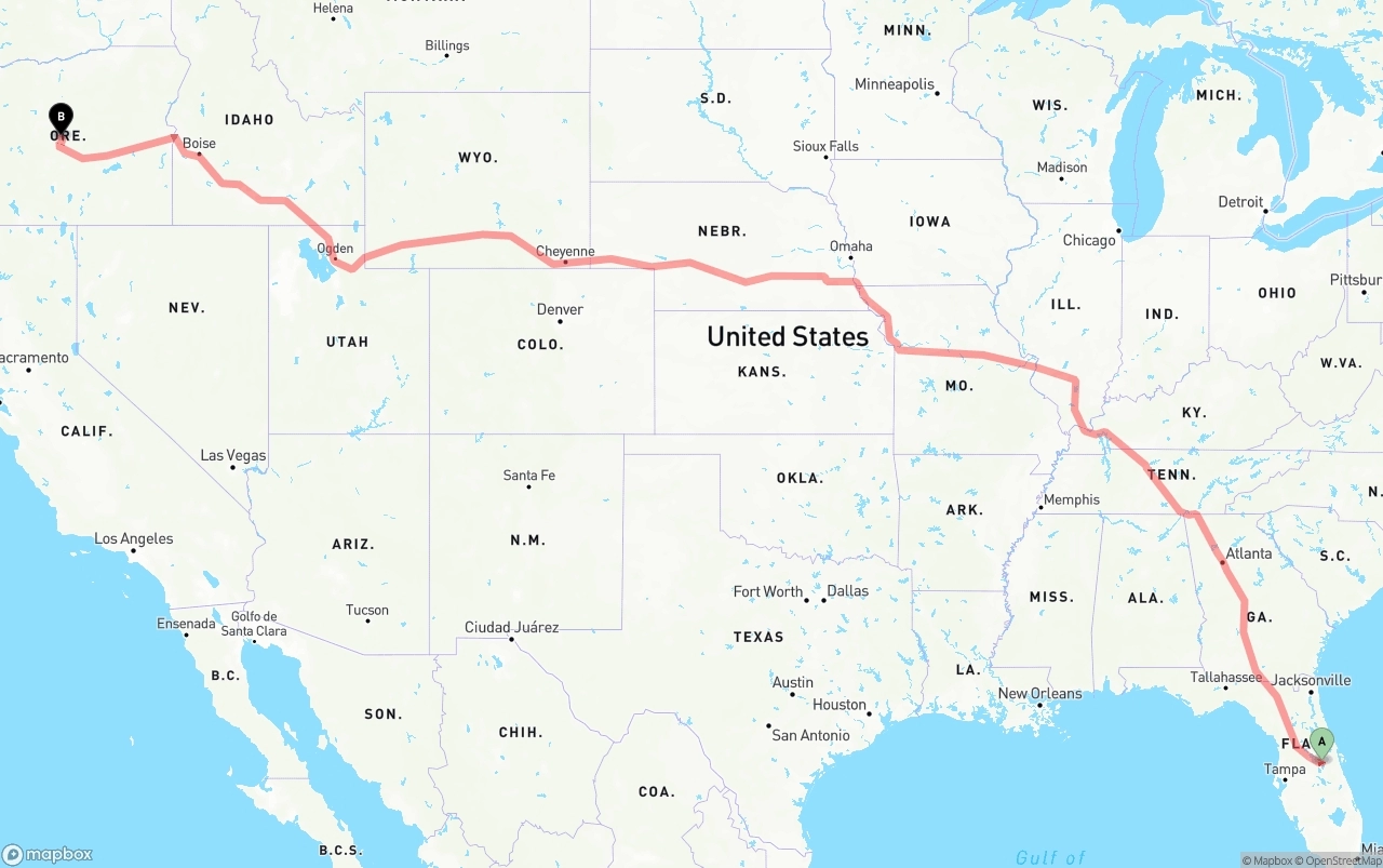 Shipping route from Orlando International Airport to Oregon