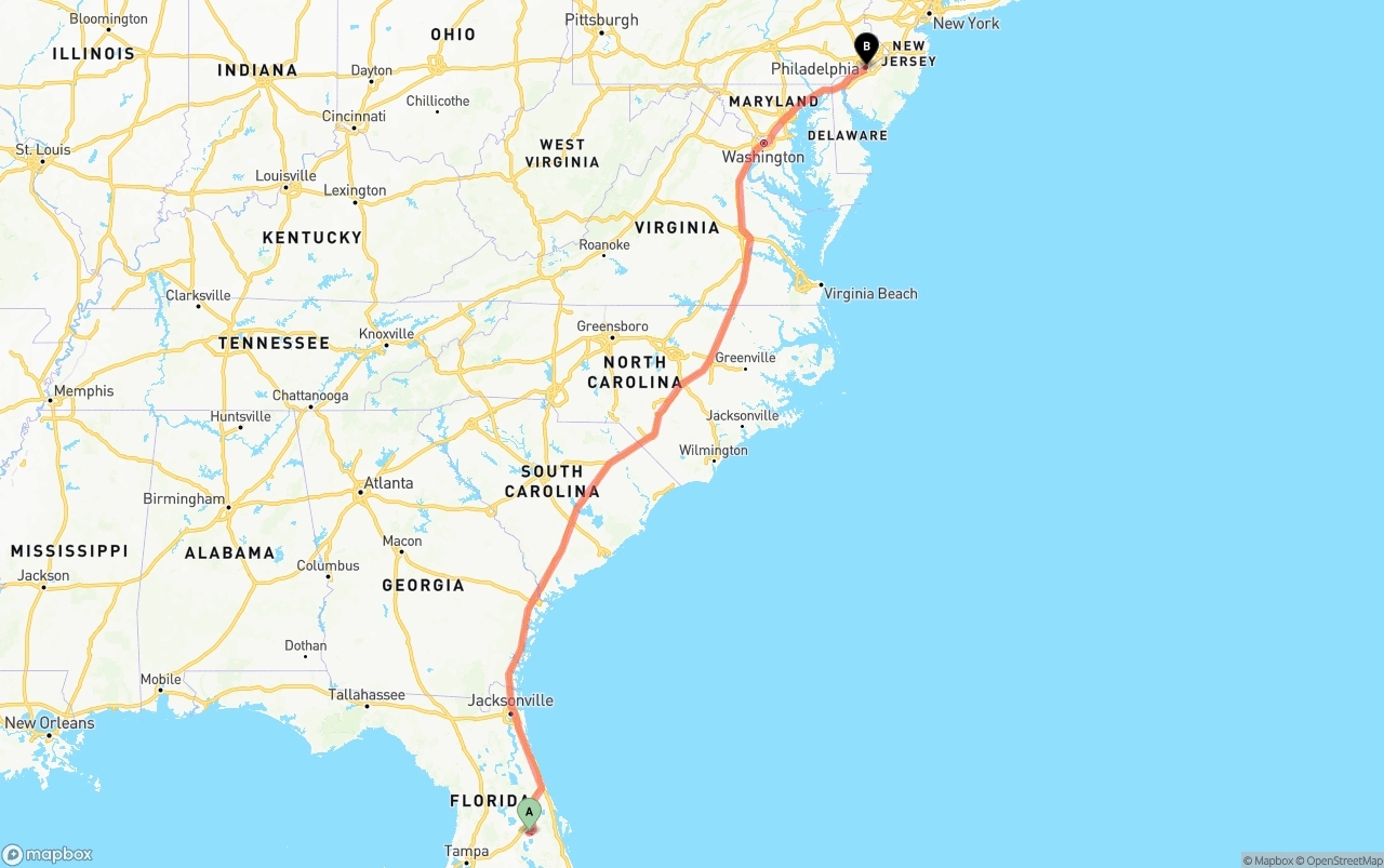 Shipping route from Orlando International Airport to Philadelphia