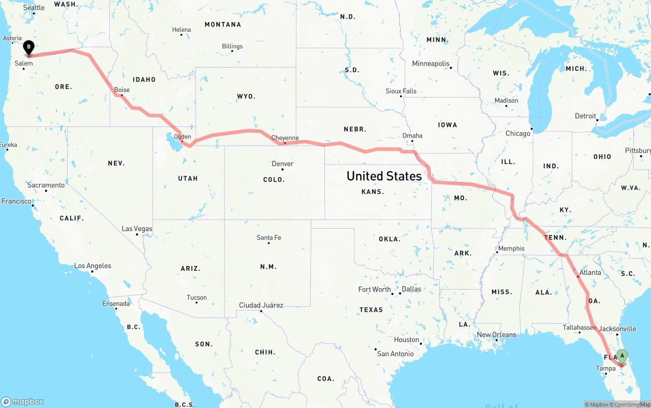Shipping route from Orlando International Airport to Portland