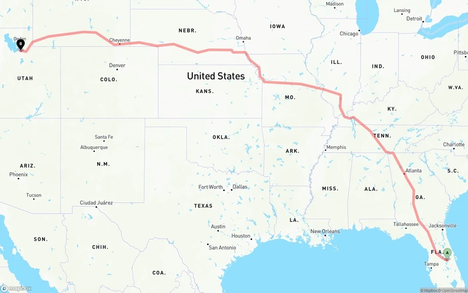 Orlando International Airport to Salt Lake City freight shipping route map