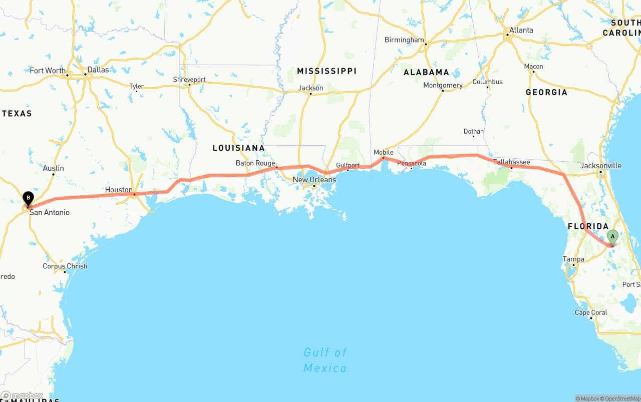 Shipping route from Orlando International Airport to San Antonio