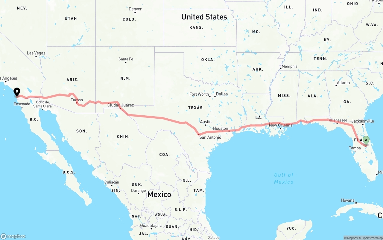 Shipping route from Orlando International Airport to San Diego