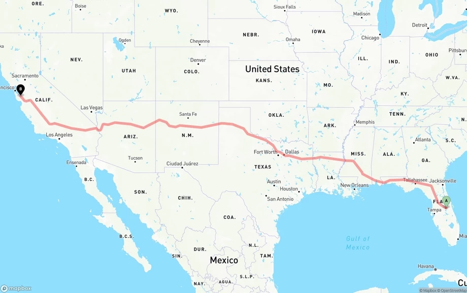 Orlando International Airport to San Jose freight shipping route map