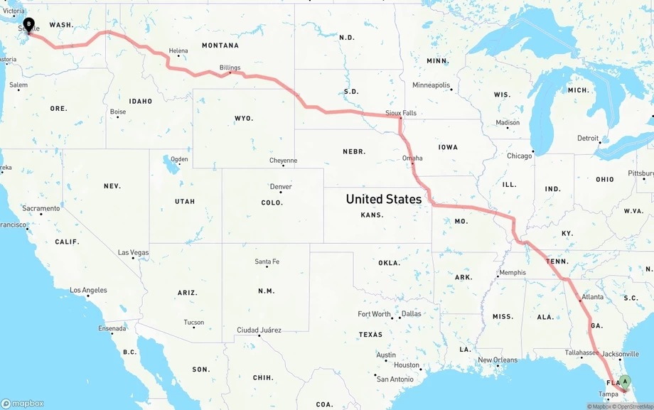 Orlando International Airport to Seattle freight shipping route map