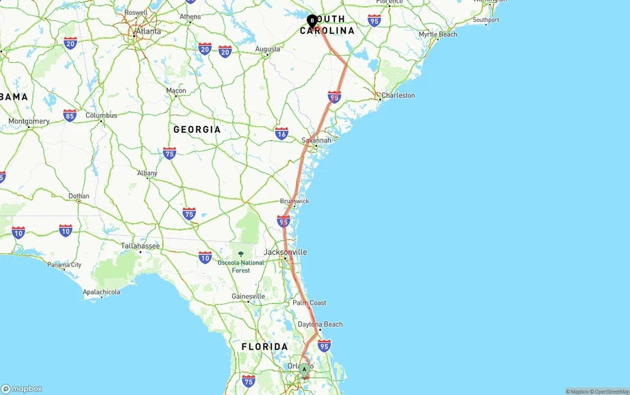 Orlando International Airport to South Carolina freight shipping route map