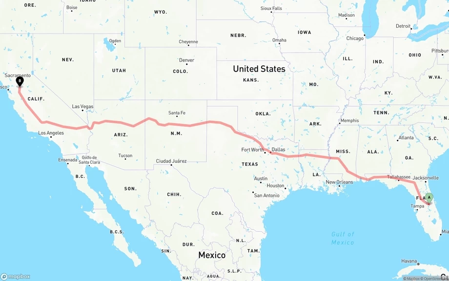 Orlando International Airport to Stockton freight shipping route map
