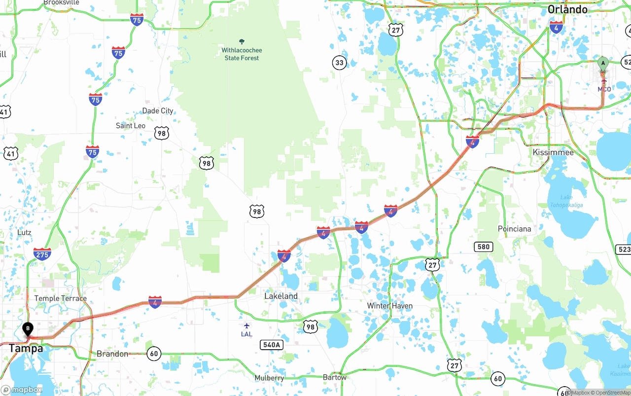 Shipping route from Orlando International Airport to Tampa