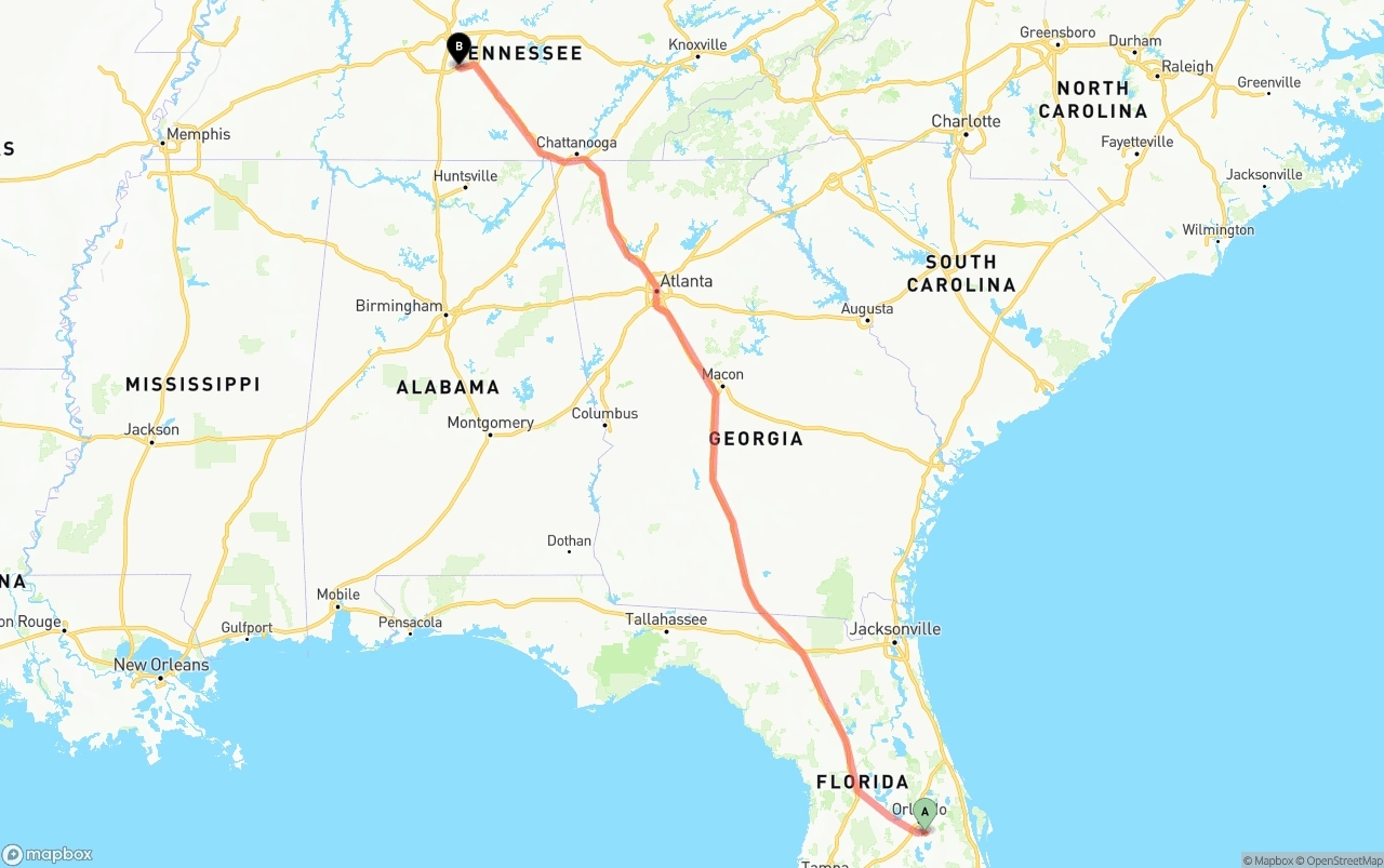 Shipping route from Orlando International Airport to Tennessee