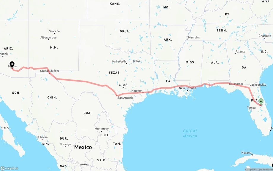 Orlando International Airport to Tucson freight shipping route map