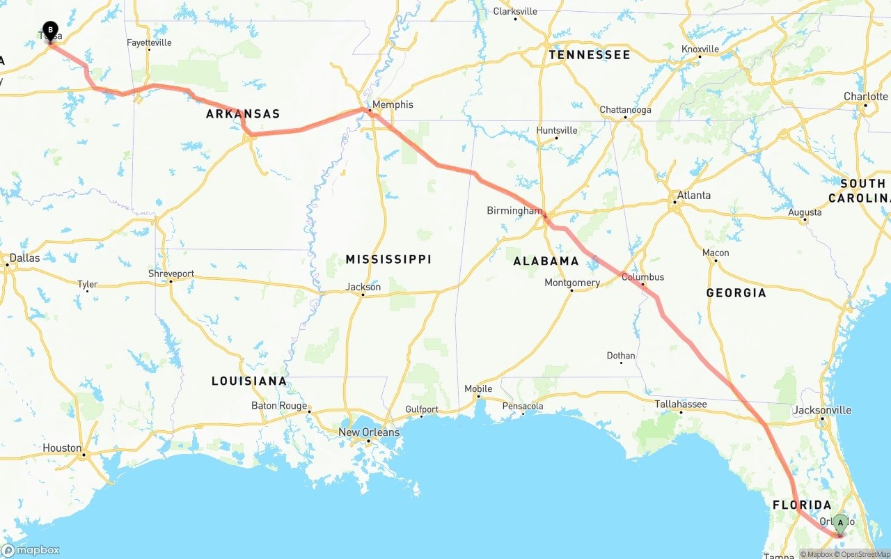 Shipping route from Orlando International Airport to Tulsa