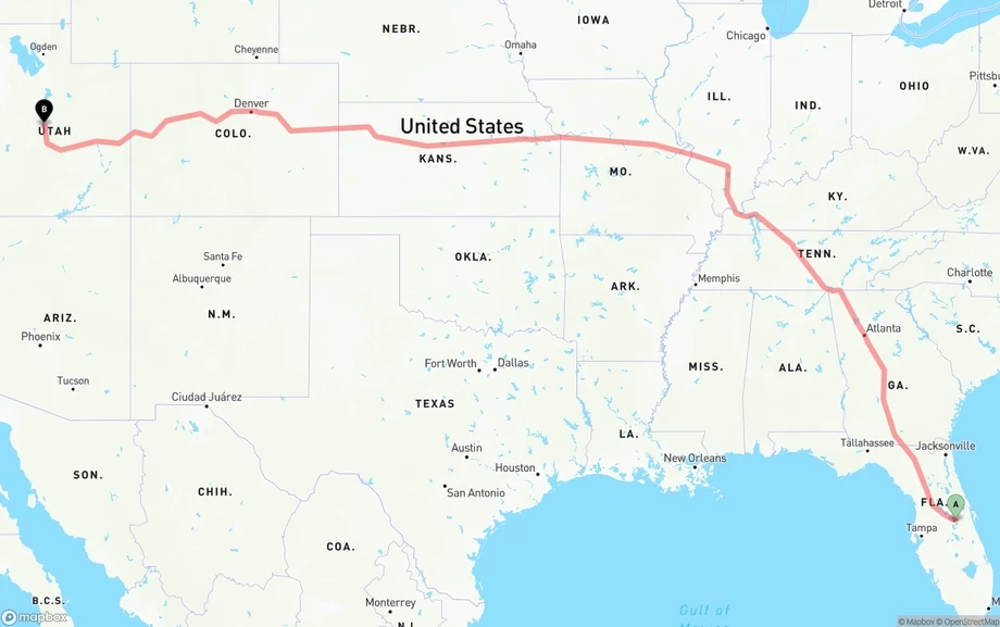 Orlando International Airport to Utah freight shipping route map