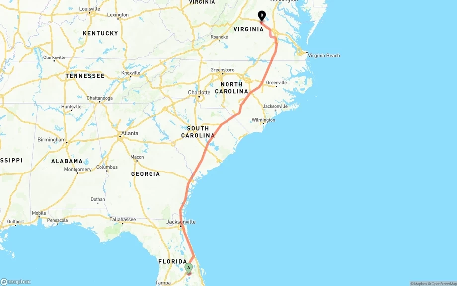 Orlando International Airport to Virginia freight shipping route map