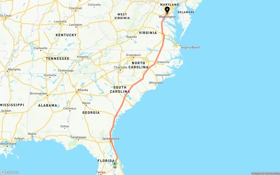 Orlando International Airport to Washington D.C. freight shipping route map