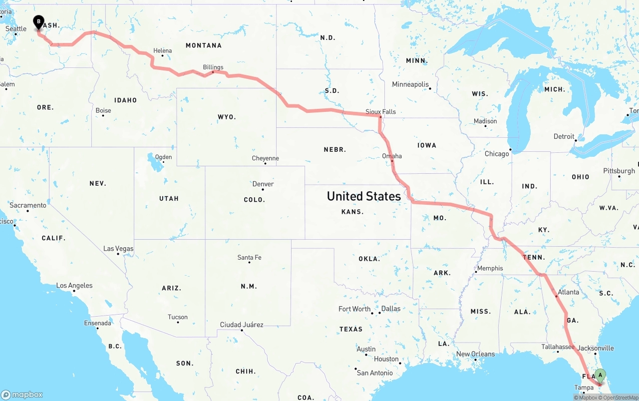 Shipping route from Orlando International Airport to Washington