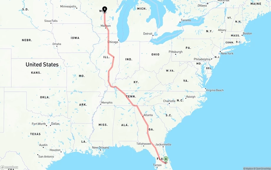 Orlando International Airport to Wisconsin freight shipping route map