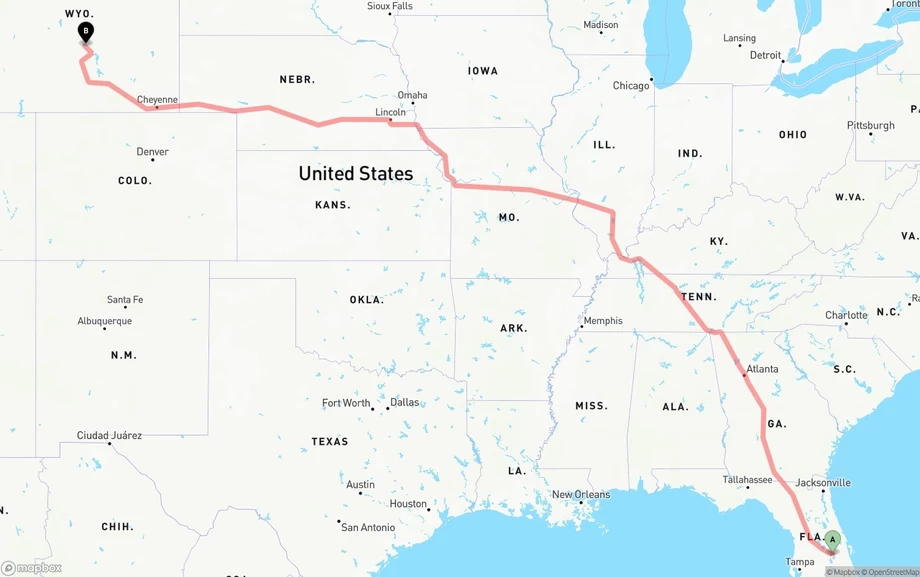 Orlando International Airport to Wyoming freight shipping route map