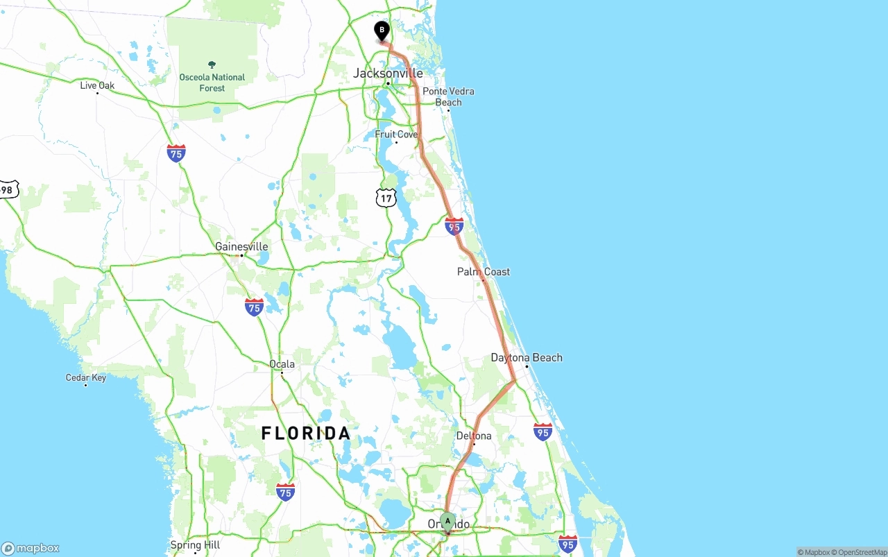Shipping route from Orlando to Jacksonville International Airport