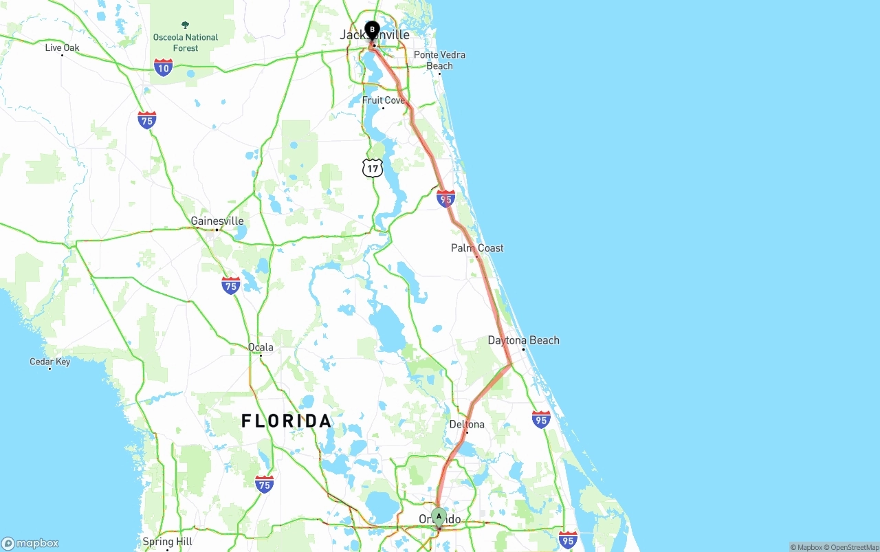 Shipping route from Orlando to Jacksonville