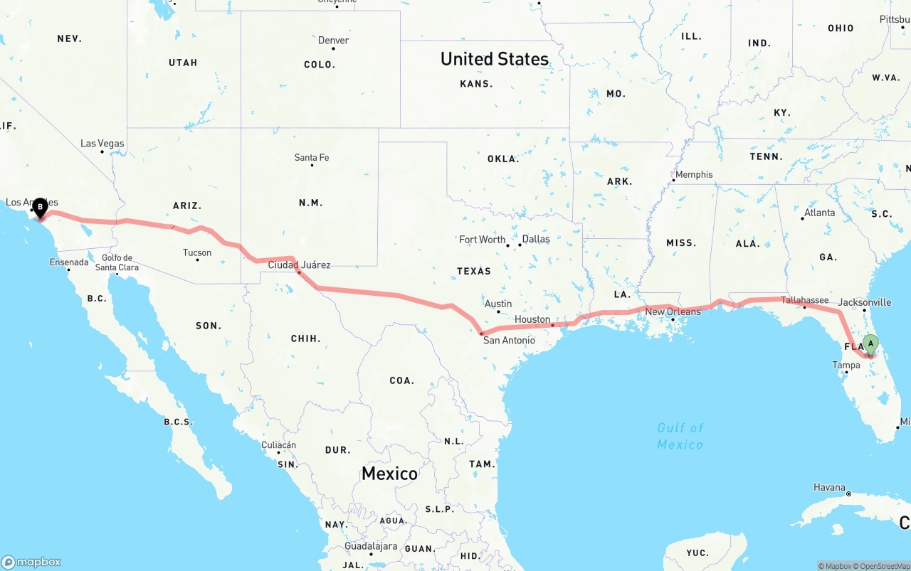 Shipping route from Orlando to John Wayne Airport — Orange County