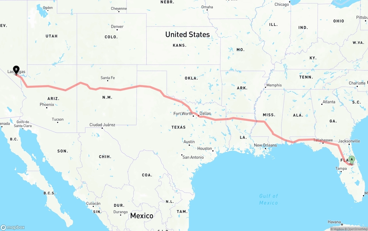 Shipping route from Orlando to Las Vegas