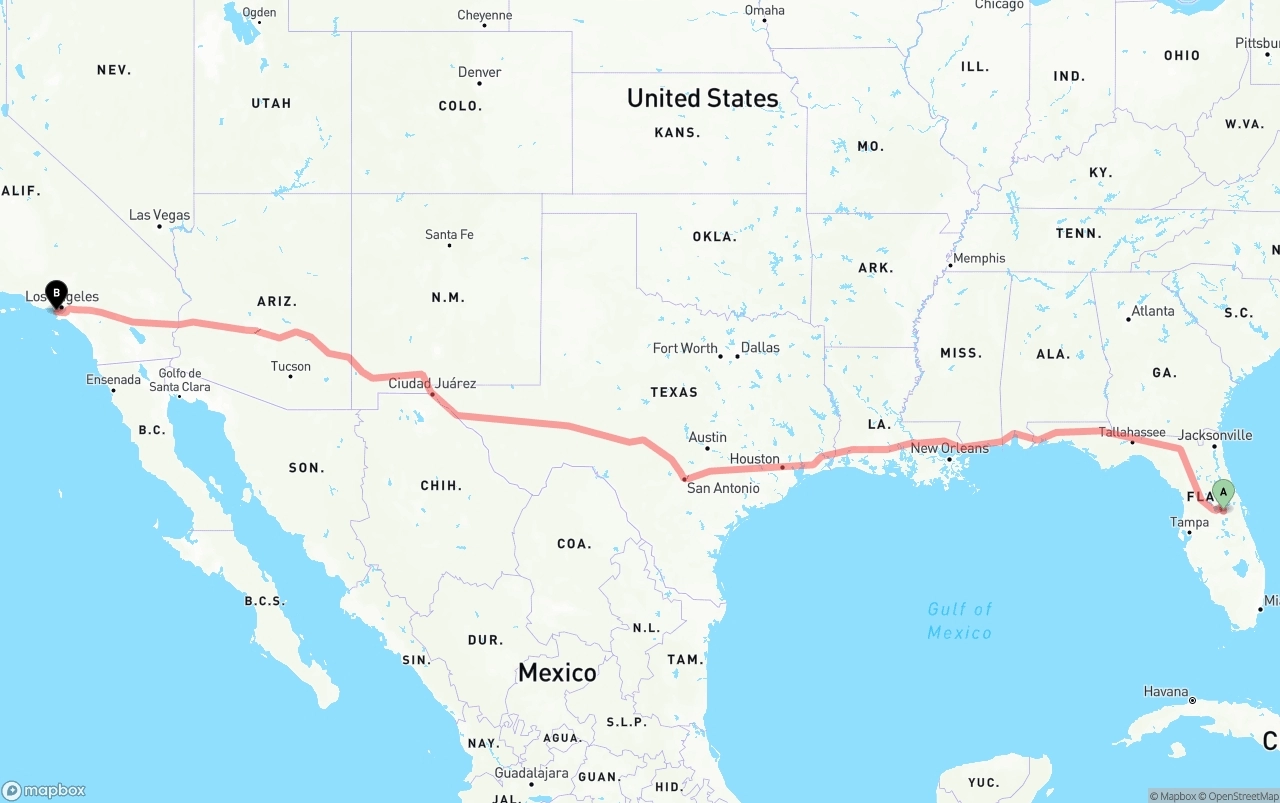 Shipping route from Orlando to Los Angeles International Airport