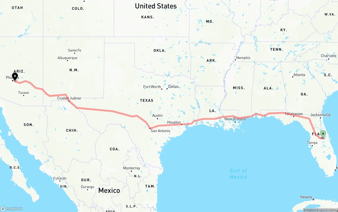 Shipping route from Orlando to Mesa