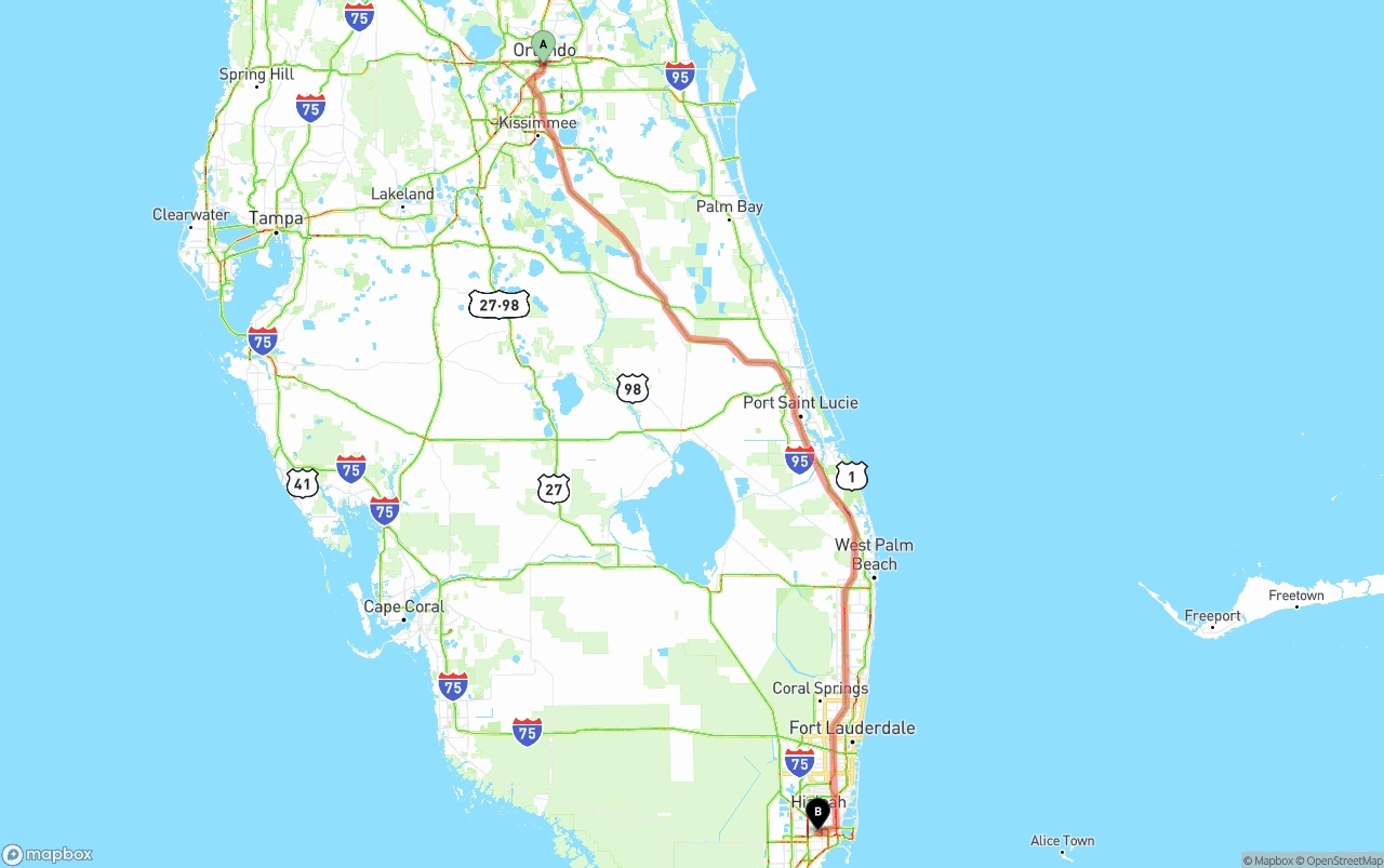 Shipping route from Orlando to Miami International Airport