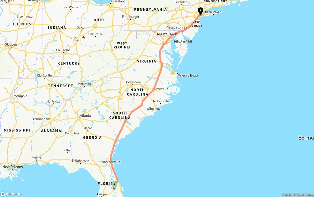 Shipping route from Orlando to New York City