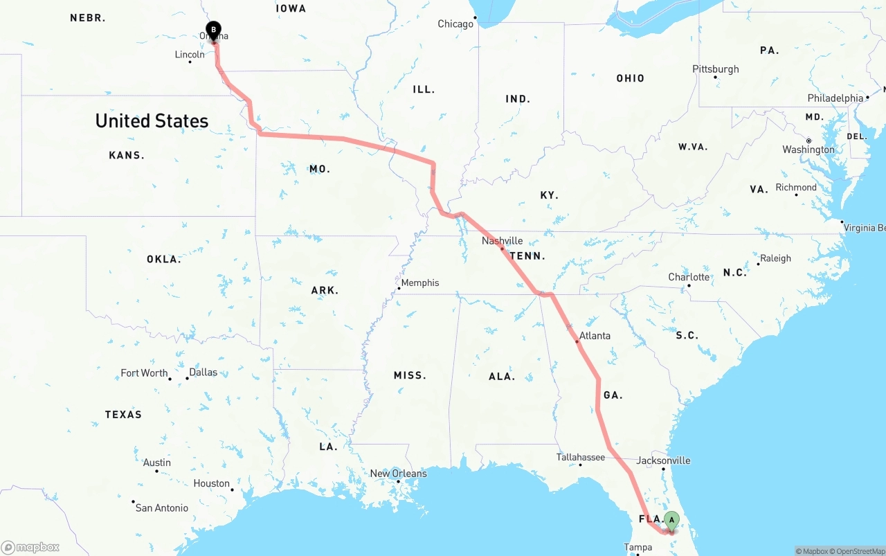 Shipping route from Orlando to Omaha