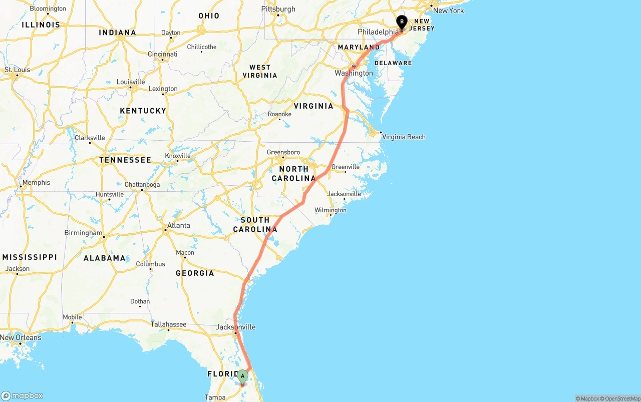 Shipping route from Orlando to Philadelphia