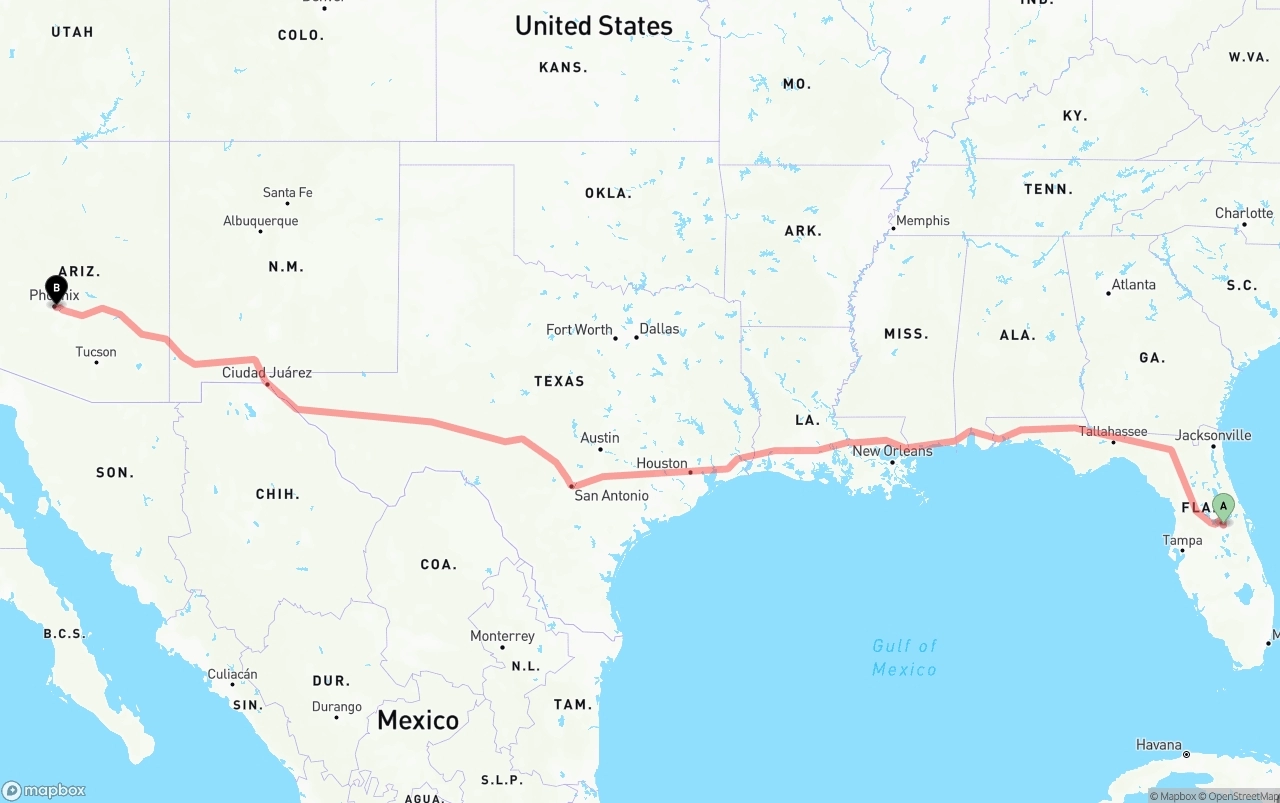 Shipping route from Orlando to Phoenix Sky Harbor International Airport