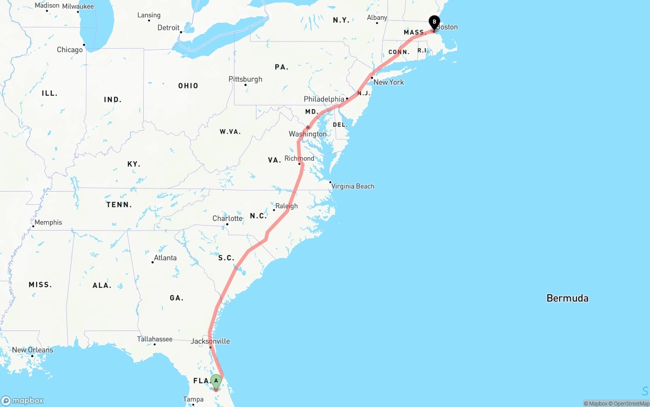 Shipping route from Orlando to Port of Boston