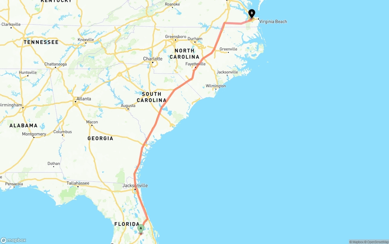 Shipping route from Orlando to Port of Norfolk
