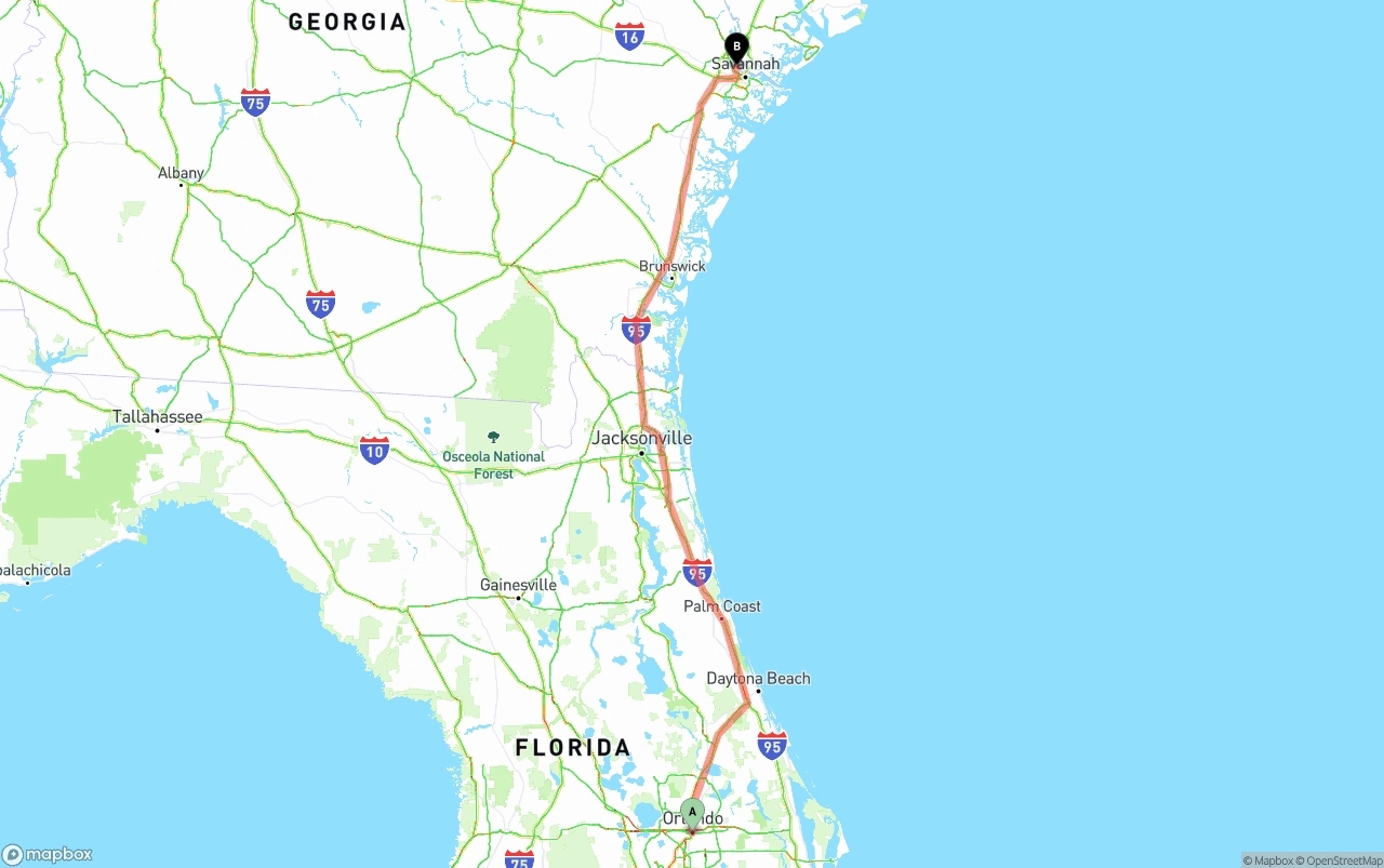 Shipping route from Orlando to Port of Savannah