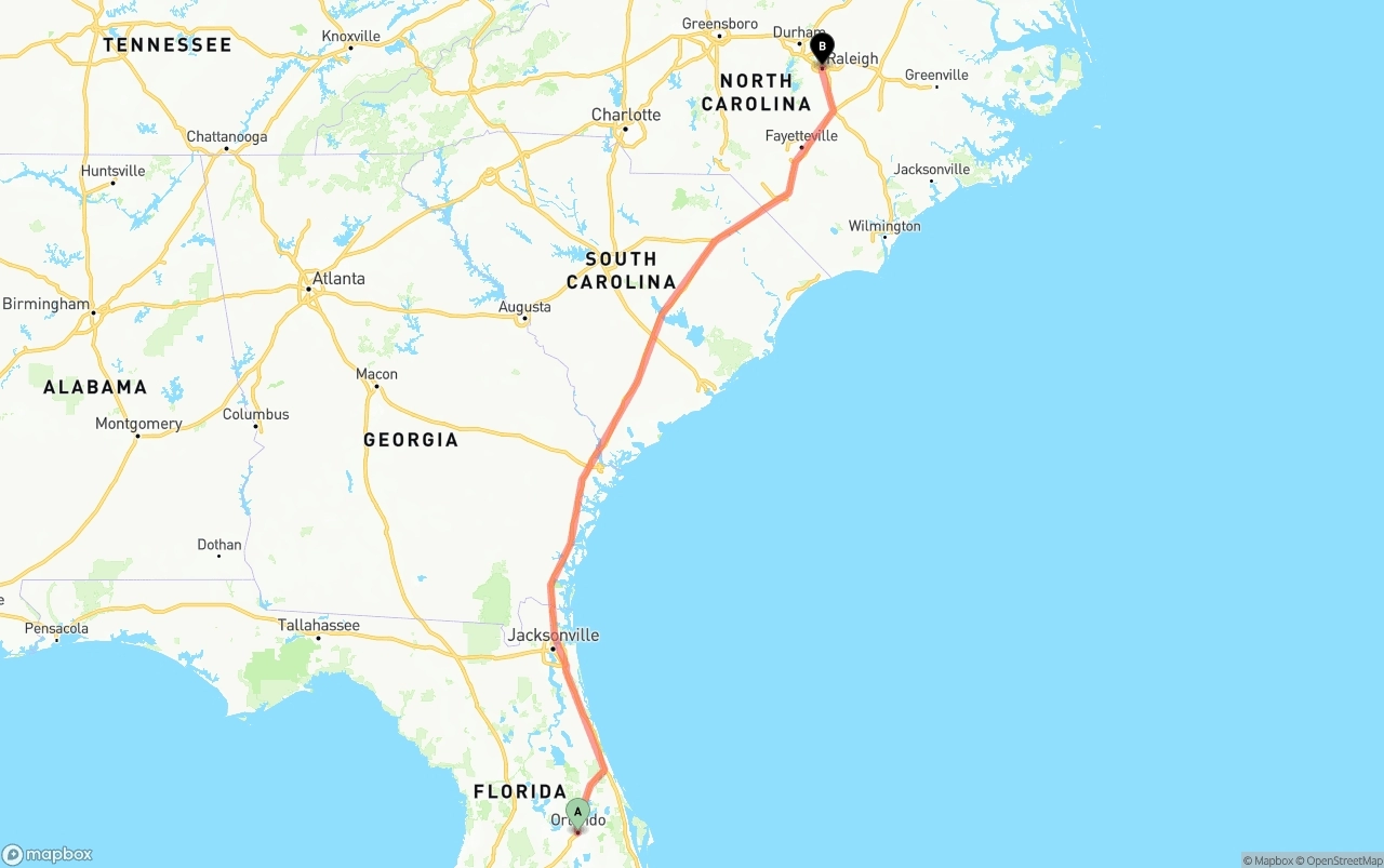Shipping route from Orlando to Raleigh