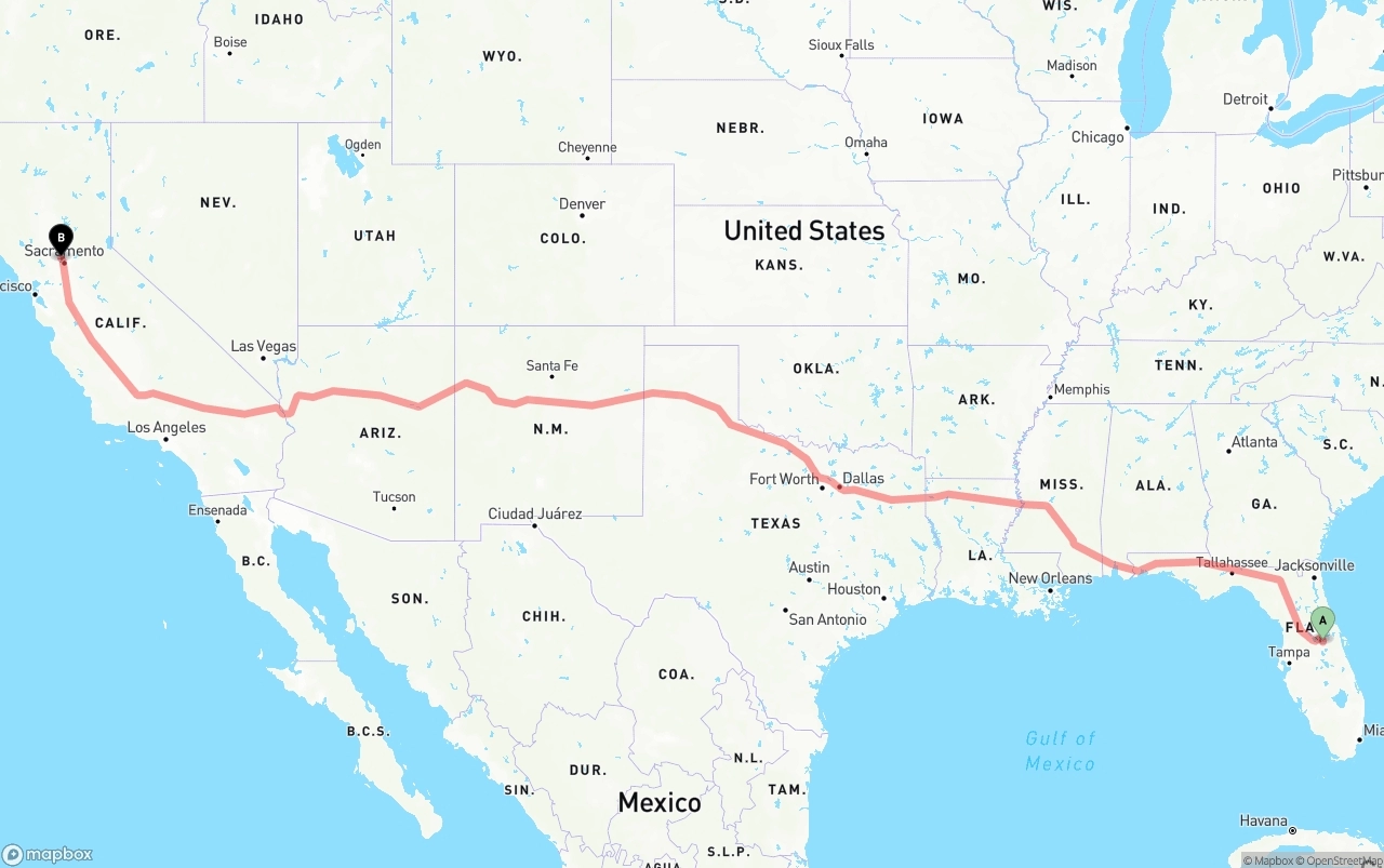 Shipping route from Orlando to Sacramento International Airport